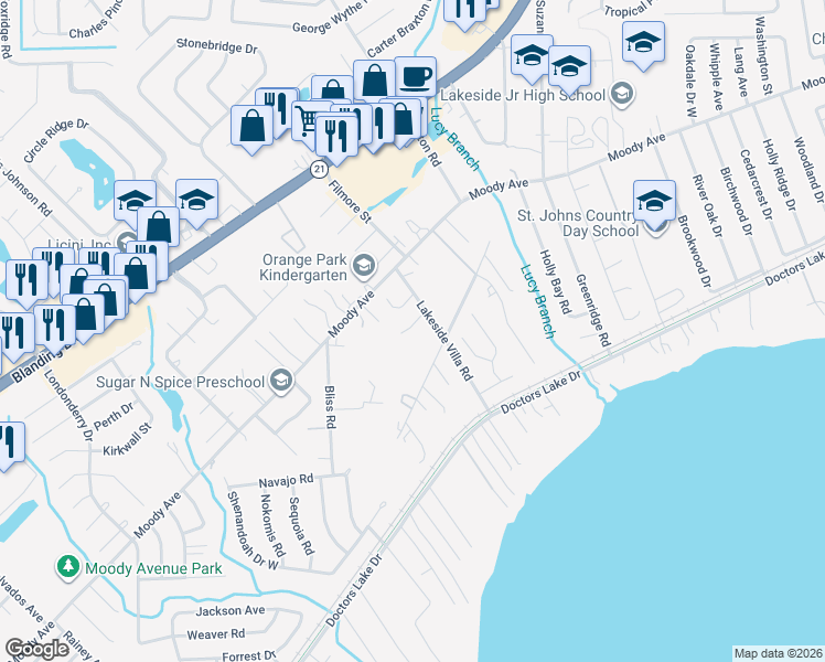 map of restaurants, bars, coffee shops, grocery stores, and more near 2966 Lakeside Villa Road in Orange Park