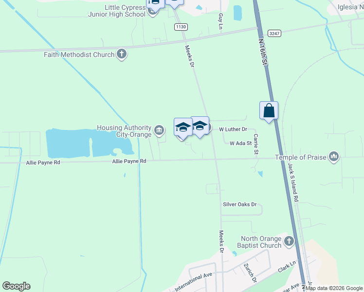 map of restaurants, bars, coffee shops, grocery stores, and more near 2300 Allie Payne Road in Orange