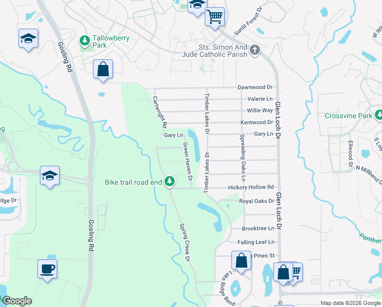 map of restaurants, bars, coffee shops, grocery stores, and more near 25830 Green Haven Drive in Spring