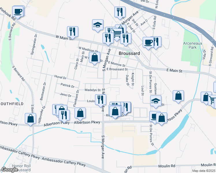map of restaurants, bars, coffee shops, grocery stores, and more near 105 Village Square Drive in Broussard