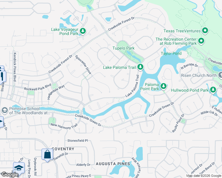 map of restaurants, bars, coffee shops, grocery stores, and more near 6 Spincaster Drive in Spring