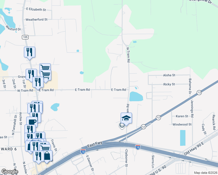 map of restaurants, bars, coffee shops, grocery stores, and more near 800 East Tram Road in Vidor