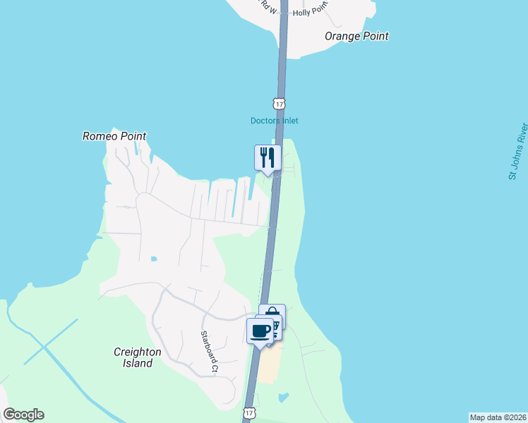 map of restaurants, bars, coffee shops, grocery stores, and more near Hwy 17 in Green Cove Springs