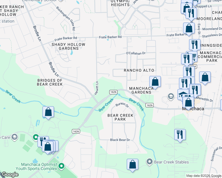 map of restaurants, bars, coffee shops, grocery stores, and more near 1626 West F M Road 1626 in Austin