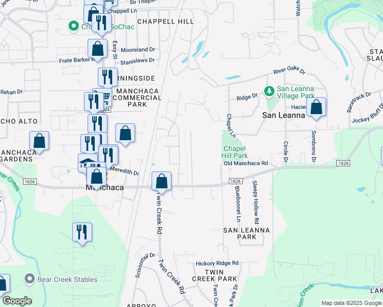 map of restaurants, bars, coffee shops, grocery stores, and more near 718 Farm to Market 1626 in Austin