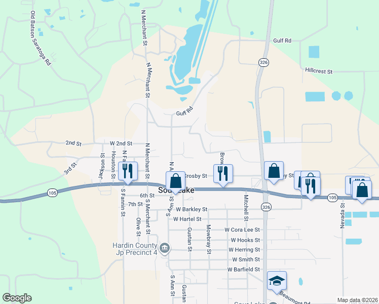 map of restaurants, bars, coffee shops, grocery stores, and more near 525 Moye Street in Sour Lake