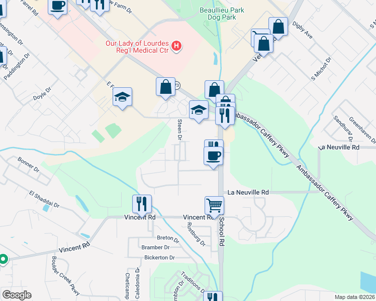 map of restaurants, bars, coffee shops, grocery stores, and more near 117 Cabana Row in Lafayette