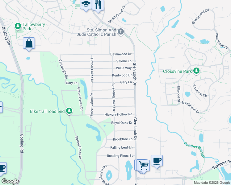 map of restaurants, bars, coffee shops, grocery stores, and more near 3314 Long Shadows Street in Spring