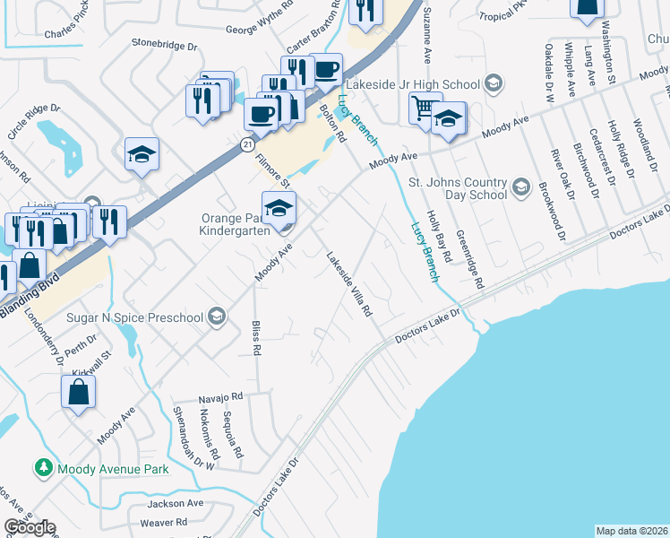 map of restaurants, bars, coffee shops, grocery stores, and more near 2966 Lakeside Villa Road in Orange Park