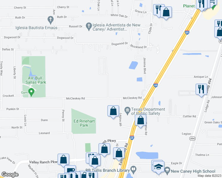 map of restaurants, bars, coffee shops, grocery stores, and more near 22261 McCleskey Road in New Caney