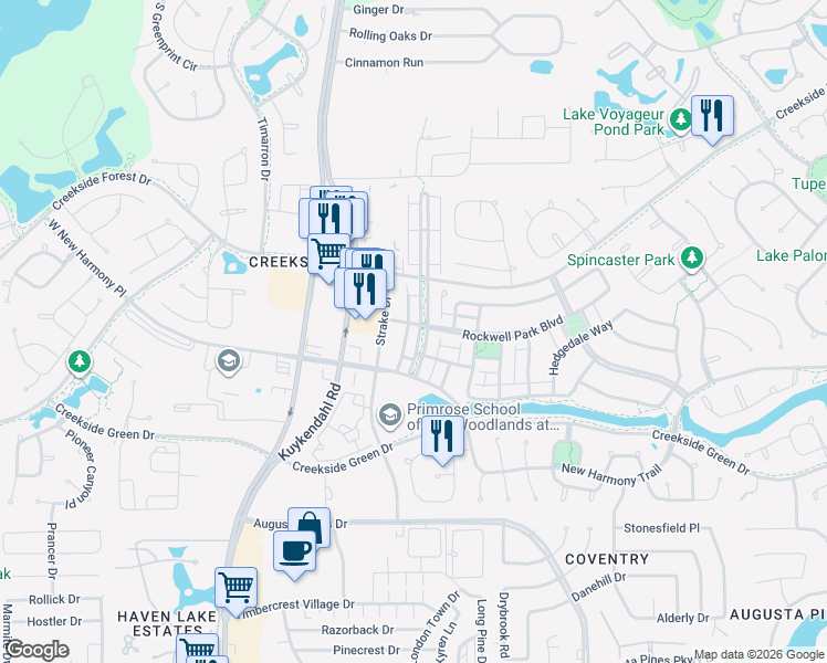 map of restaurants, bars, coffee shops, grocery stores, and more near 46 Kendrick Pines Boulevard in Spring
