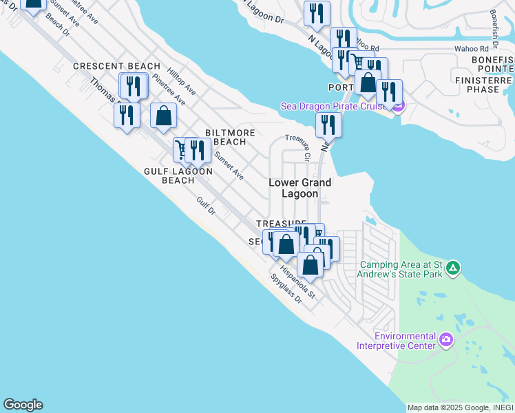 map of restaurants, bars, coffee shops, grocery stores, and more near 5211 Beach Drive in Panama City