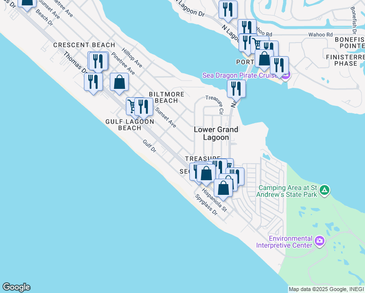 map of restaurants, bars, coffee shops, grocery stores, and more near 5211 Beach Drive in Panama City