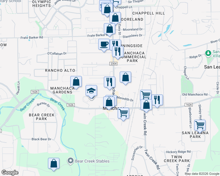map of restaurants, bars, coffee shops, grocery stores, and more near 12111 Menchaca Road in Austin
