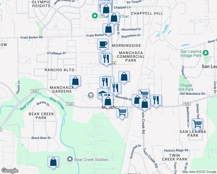 map of restaurants, bars, coffee shops, grocery stores, and more near 12024 Manchaca Road in Austin