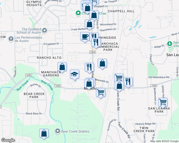 map of restaurants, bars, coffee shops, grocery stores, and more near 12024 Menchaca Road in Austin