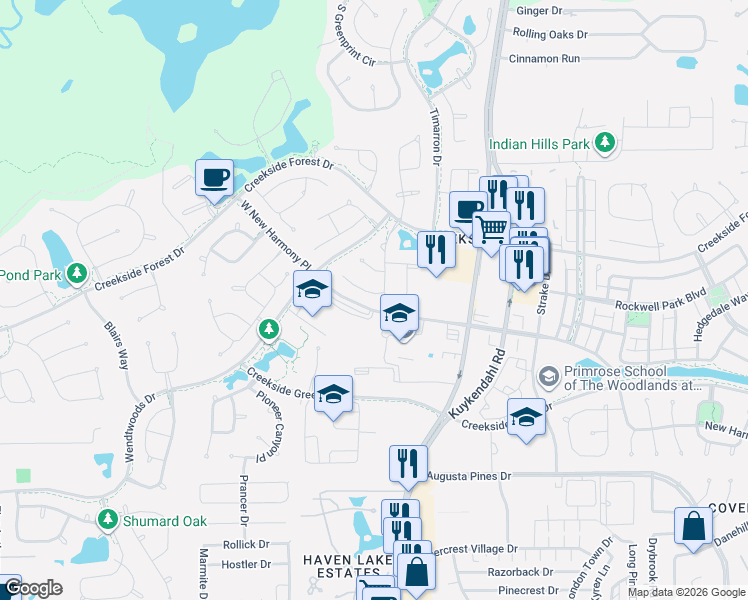 map of restaurants, bars, coffee shops, grocery stores, and more near 26411 Kuykendahl Road in Tomball