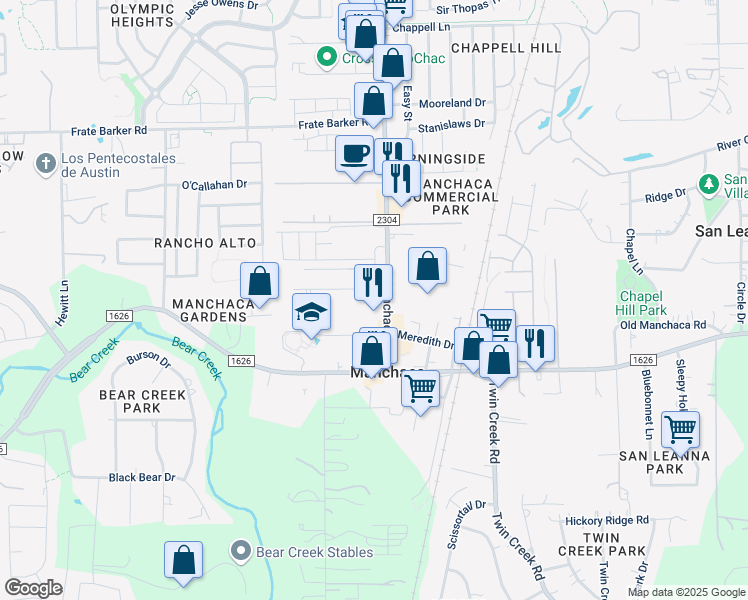map of restaurants, bars, coffee shops, grocery stores, and more near 12024 Menchaca Road in Austin