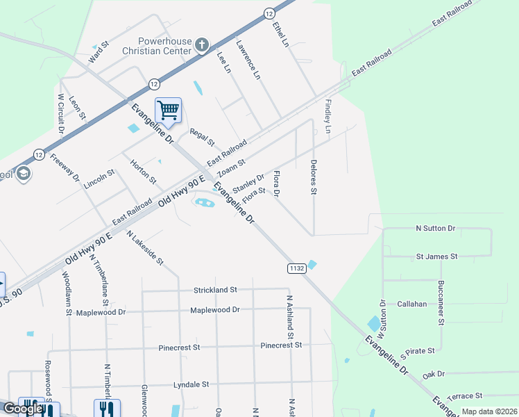 map of restaurants, bars, coffee shops, grocery stores, and more near 3355 Evangeline Drive in Vidor