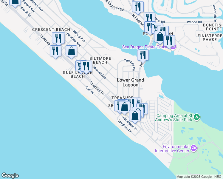 map of restaurants, bars, coffee shops, grocery stores, and more near 5211 Beach Drive in Panama City