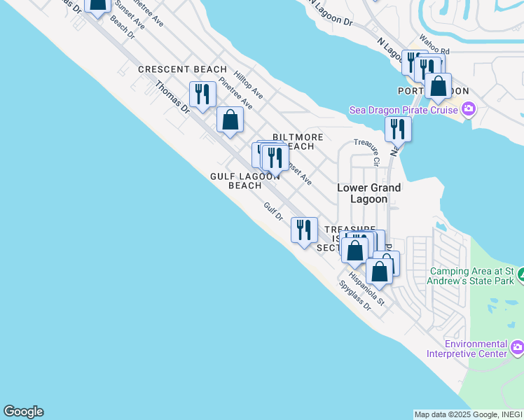 map of restaurants, bars, coffee shops, grocery stores, and more near 5413 Gulf Drive in Panama City