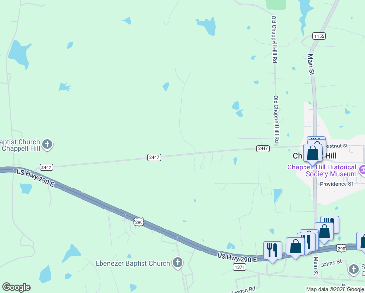 map of restaurants, bars, coffee shops, grocery stores, and more near 8350 Farm to Market 2447 in Chappell Hill