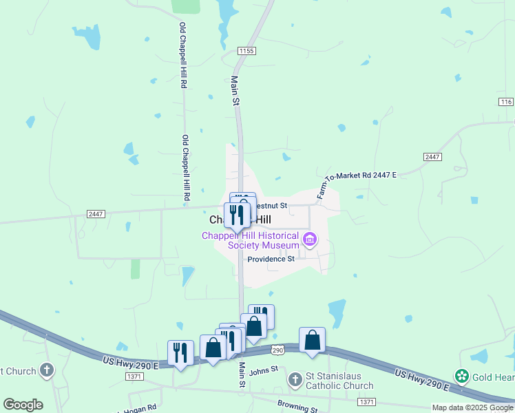 map of restaurants, bars, coffee shops, grocery stores, and more near Chestnut Street in Chappell Hill