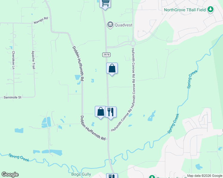 map of restaurants, bars, coffee shops, grocery stores, and more near 26424 Farm to Market Road 2978 in Magnolia