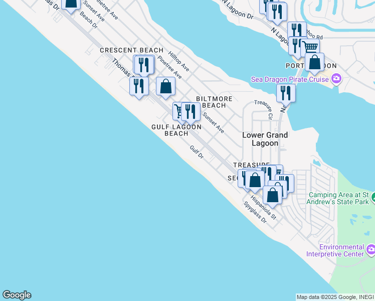 map of restaurants, bars, coffee shops, grocery stores, and more near 5413 Gulf Drive in Panama City