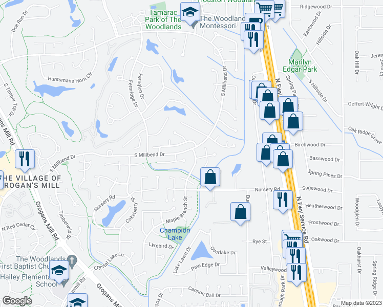 map of restaurants, bars, coffee shops, grocery stores, and more near 185 Maple Branch Street in Spring