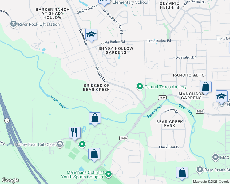 map of restaurants, bars, coffee shops, grocery stores, and more near 2313 Turtle Mountain Bend in Austin