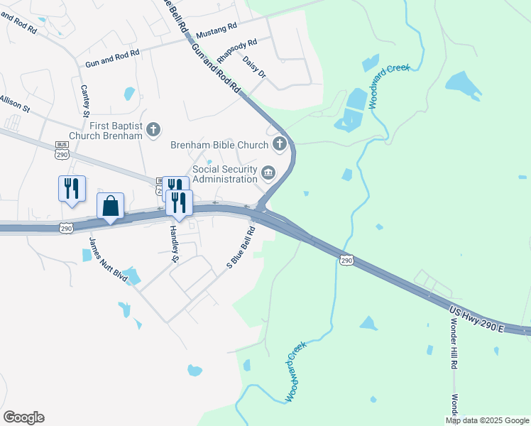 map of restaurants, bars, coffee shops, grocery stores, and more near 3015 U.S. 290 in Brenham
