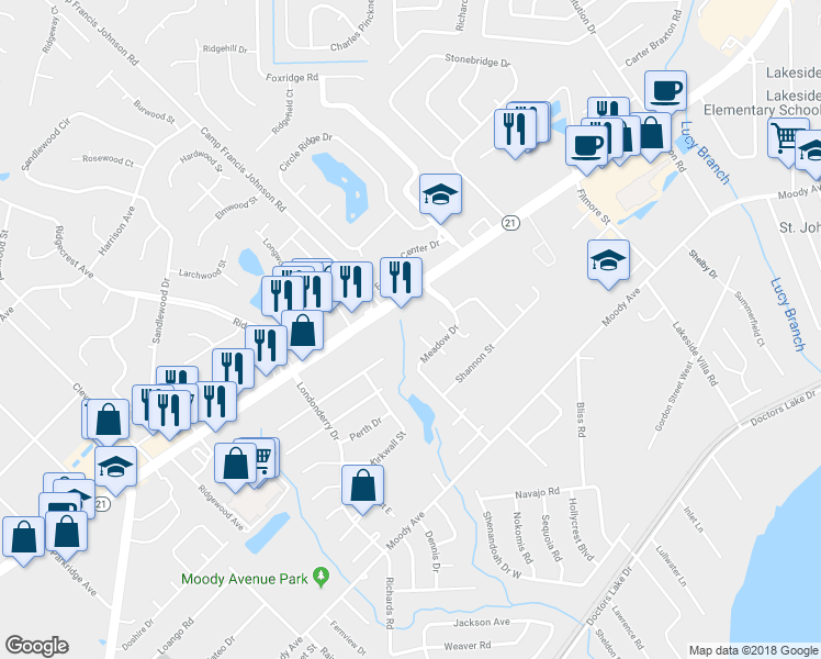 map of restaurants, bars, coffee shops, grocery stores, and more near 2634 Needham Court in Orange Park