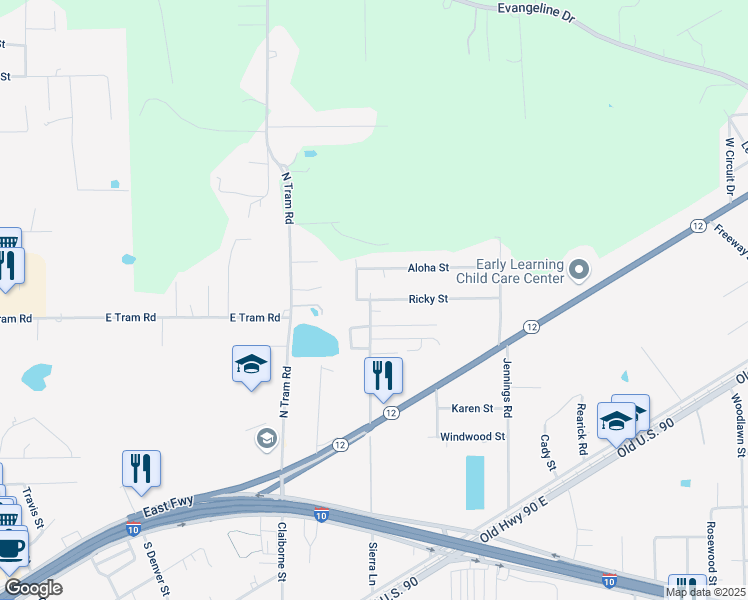 map of restaurants, bars, coffee shops, grocery stores, and more near 1300 Aloha Street in Vidor