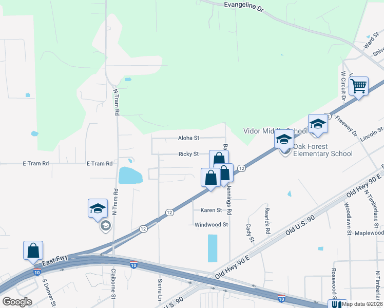 map of restaurants, bars, coffee shops, grocery stores, and more near 1620 Aloha Street in Vidor