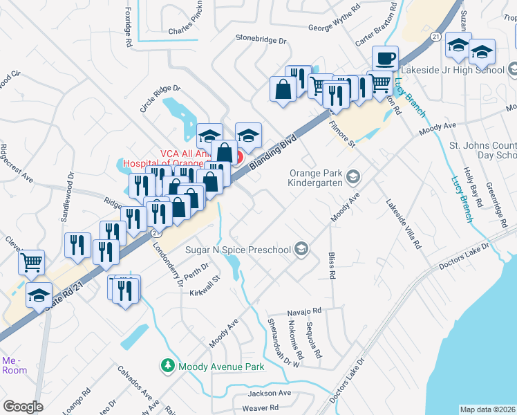 map of restaurants, bars, coffee shops, grocery stores, and more near 2634 Grafton Drive in Orange Park