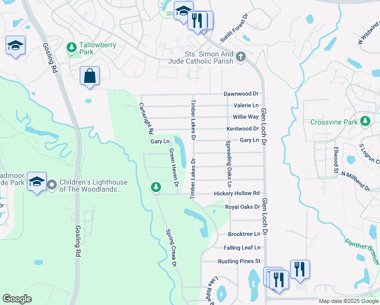 map of restaurants, bars, coffee shops, grocery stores, and more near 25902 Green Haven Drive in Spring