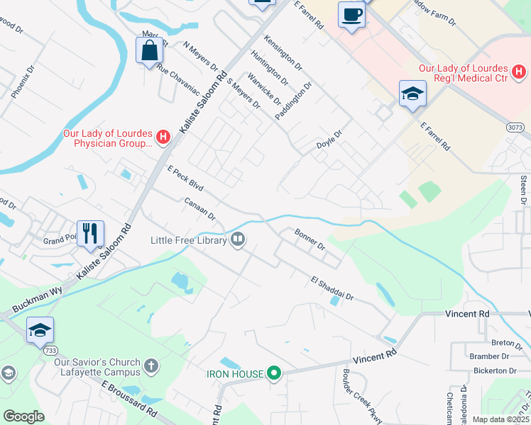 map of restaurants, bars, coffee shops, grocery stores, and more near 211 East Peck Boulevard in Lafayette