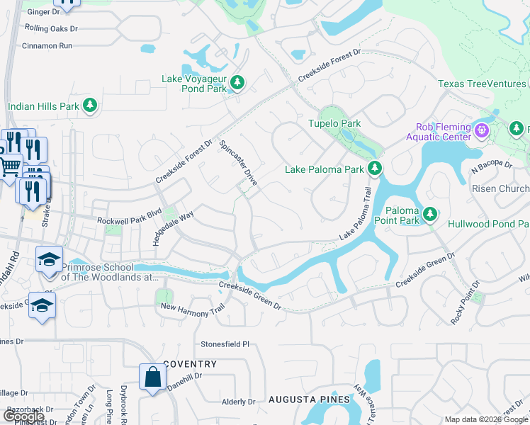 map of restaurants, bars, coffee shops, grocery stores, and more near 22 Freestone Stream Place in Spring
