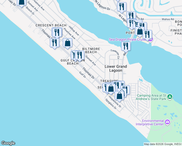 map of restaurants, bars, coffee shops, grocery stores, and more near 5319 Beach Drive in Panama City Beach