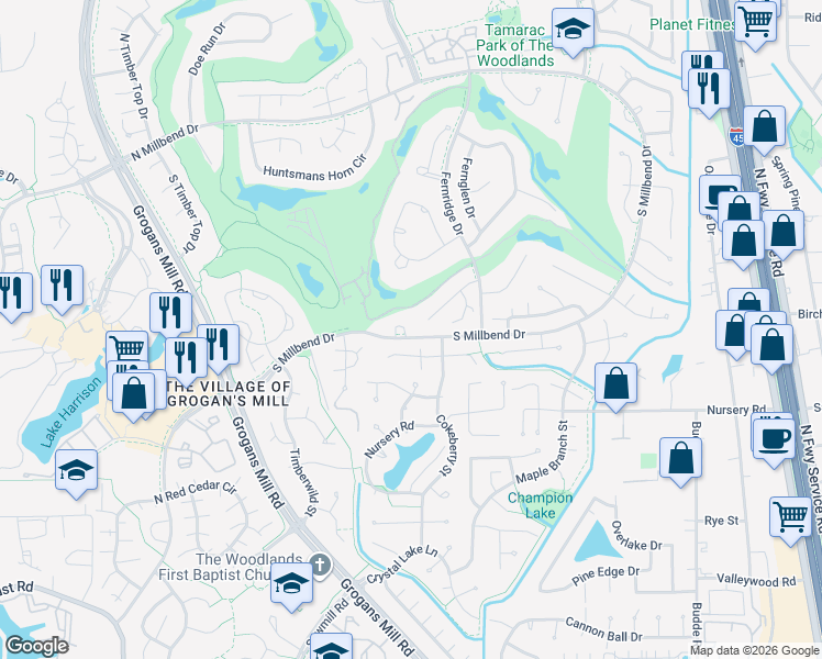 map of restaurants, bars, coffee shops, grocery stores, and more near 5 Noontide Circle in Spring