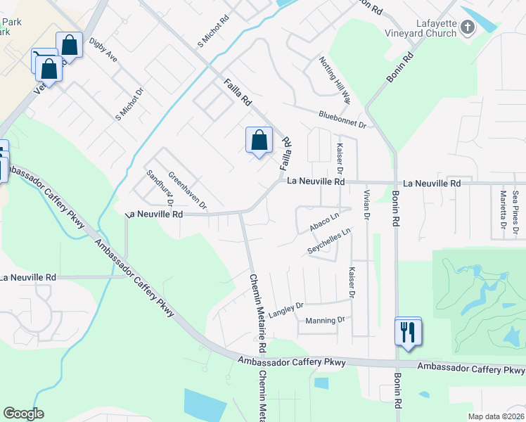 map of restaurants, bars, coffee shops, grocery stores, and more near 104 Oak Alley in Lafayette