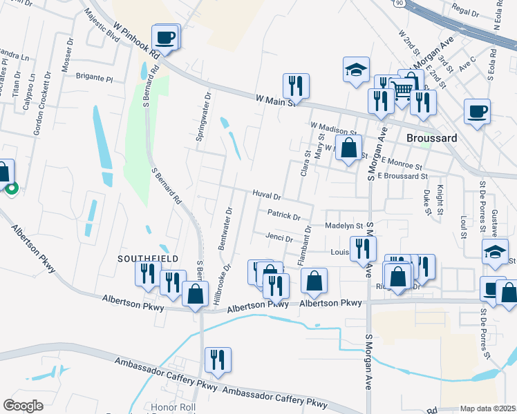 map of restaurants, bars, coffee shops, grocery stores, and more near 111 Papa Joe Drive in Broussard