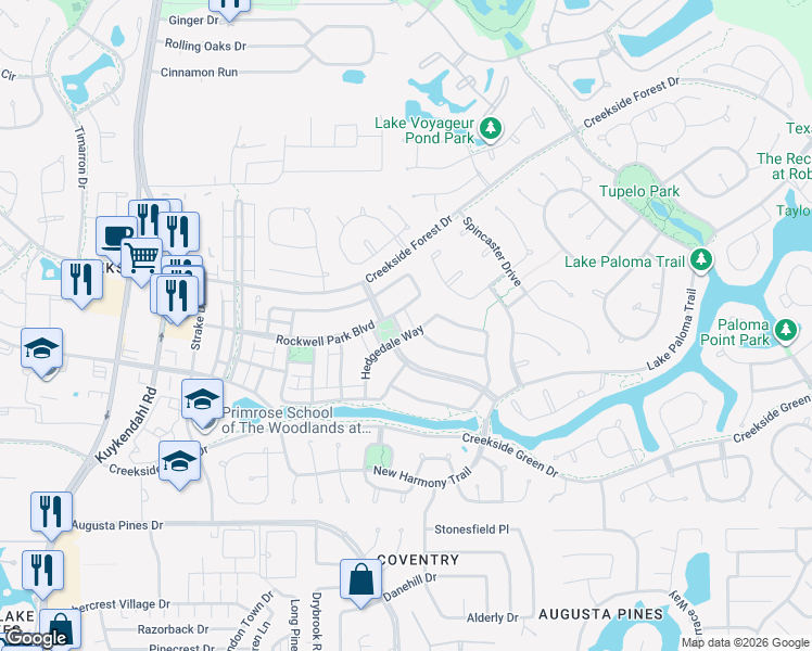 map of restaurants, bars, coffee shops, grocery stores, and more near 170 Rockwell Park in Spring