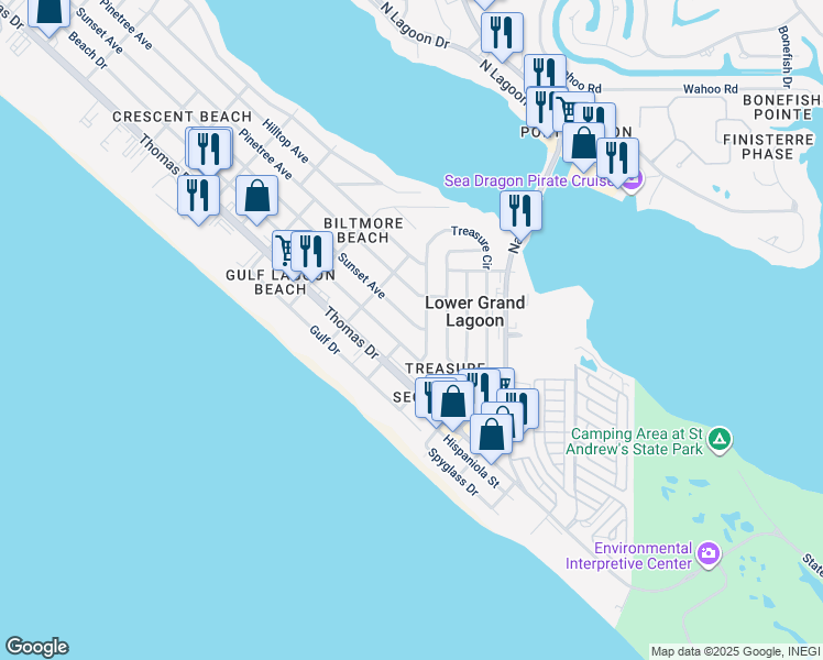 map of restaurants, bars, coffee shops, grocery stores, and more near 5300 Sunset Avenue in Panama City Beach
