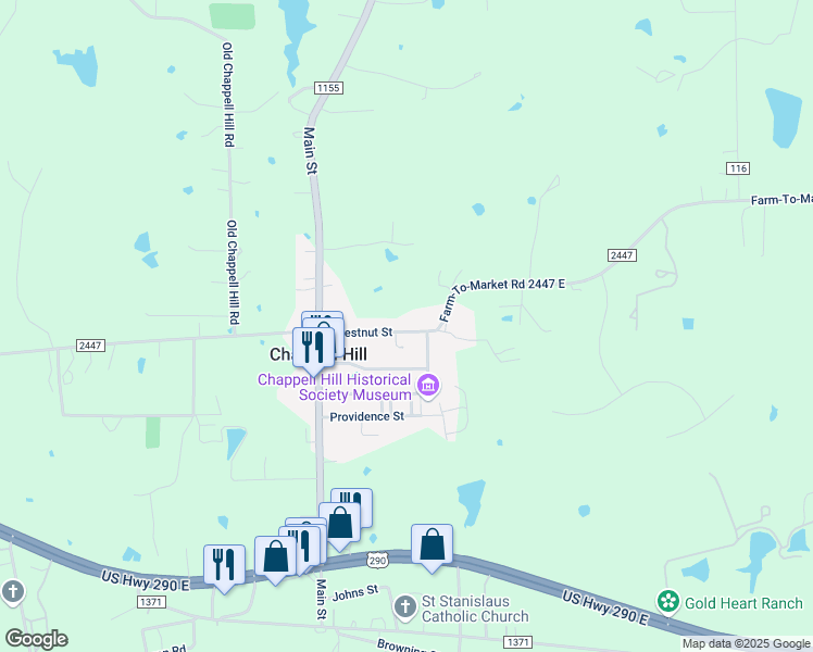 map of restaurants, bars, coffee shops, grocery stores, and more near 9201 Chestnut Street in Chappell Hill