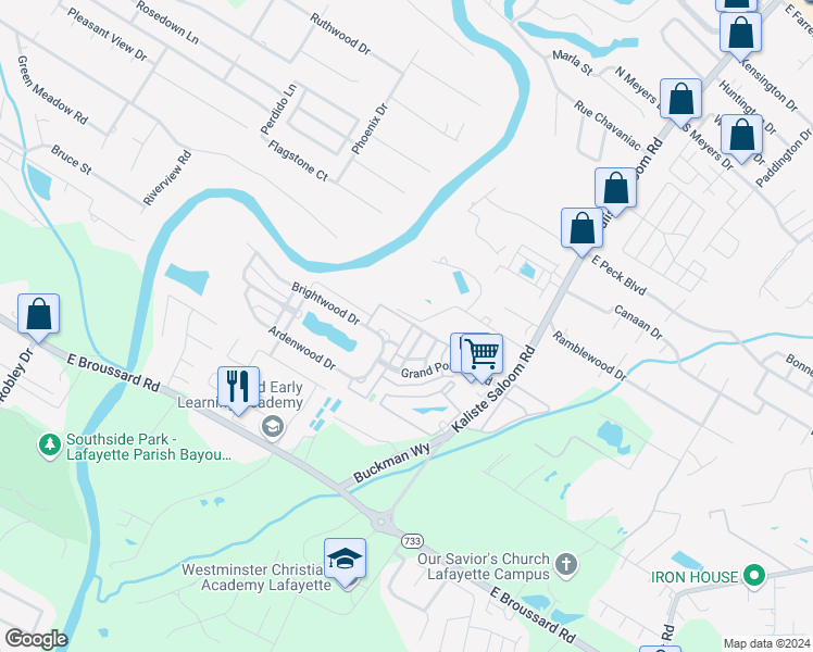 map of restaurants, bars, coffee shops, grocery stores, and more near 128 Brightwood Drive in Lafayette