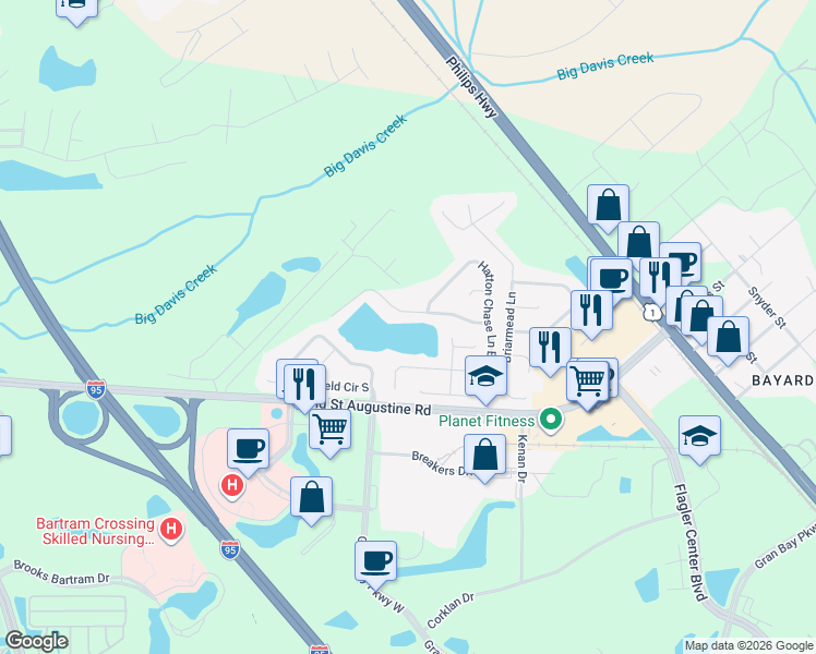 map of restaurants, bars, coffee shops, grocery stores, and more near 12496 Hatton Chase Lane East in Jacksonville