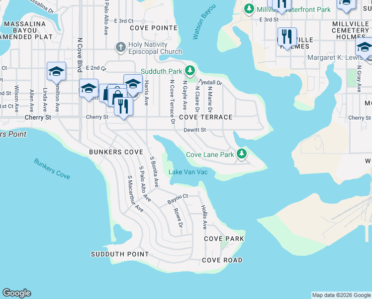 map of restaurants, bars, coffee shops, grocery stores, and more near 206-208 South Cove Terrace Drive in Panama City