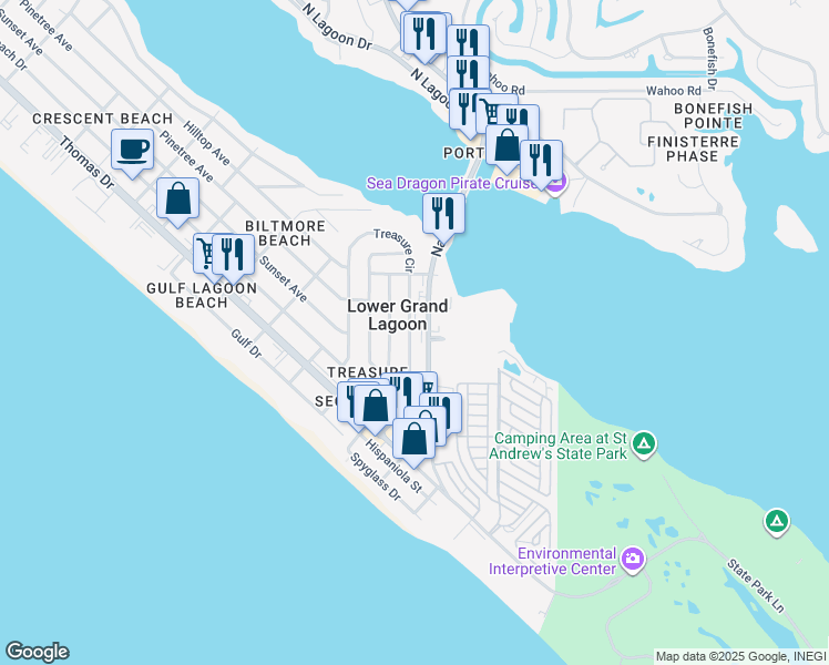 map of restaurants, bars, coffee shops, grocery stores, and more near in Lower Grand Lagoon